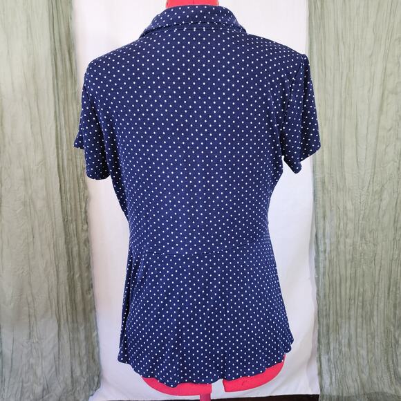 Isaac Mizrahi Blue with White Polka Dot Button Up Short Sleeve Blouse Size M - Picture 4 of 6